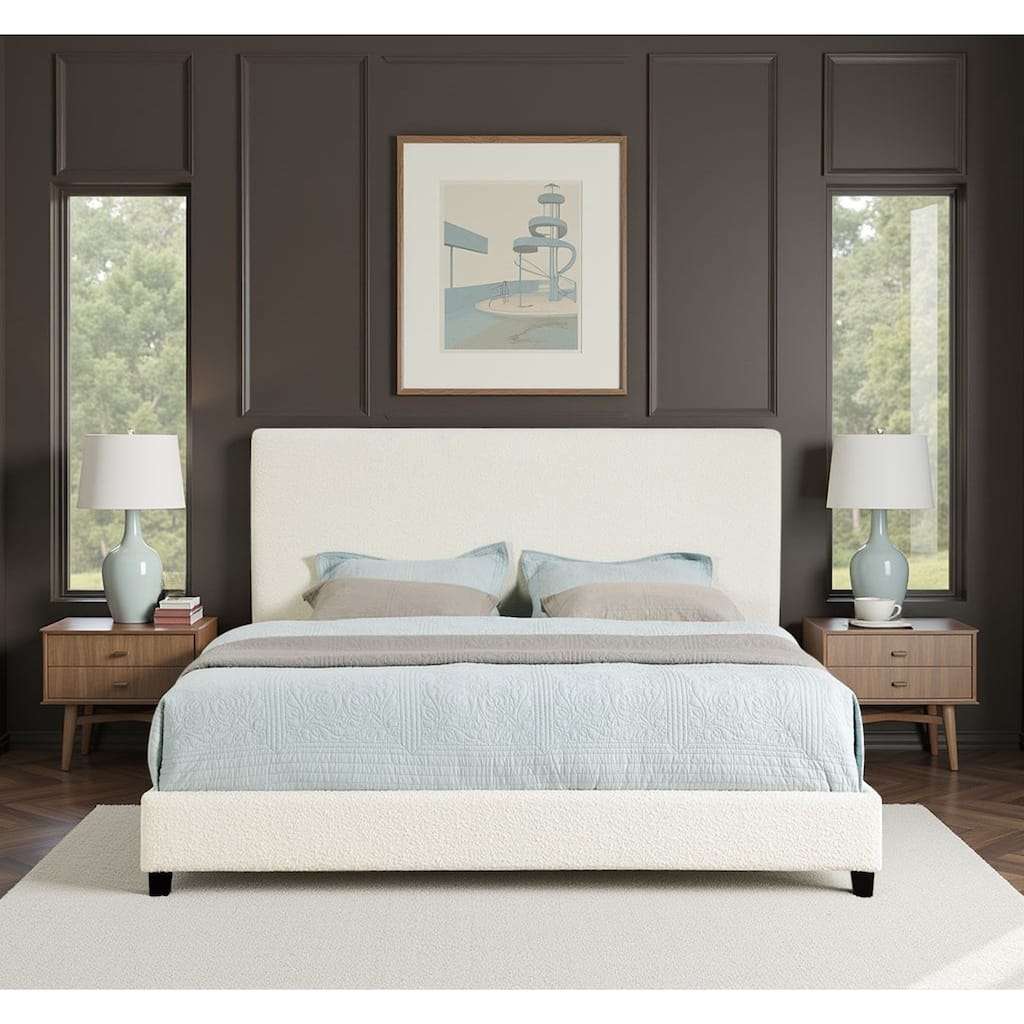 White Boucle Upholstered King Size Platform Bed with Padded Headboard