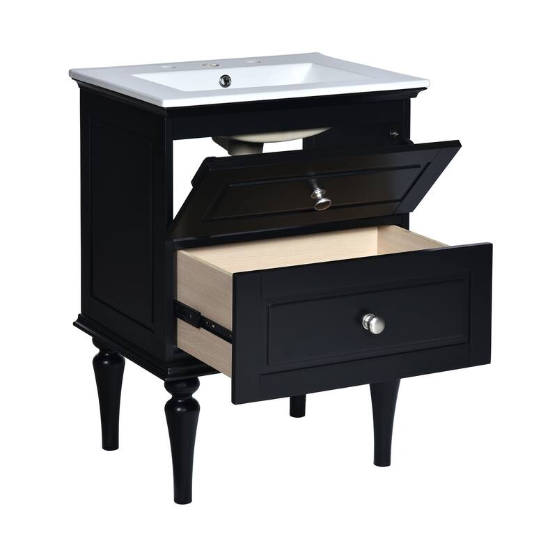 Bathroom Vanity with Ceramic Sink, Small Bathroom Vanity with 2 Drawers, Bathroom Storage Cabinet with Tip-Out Drawer