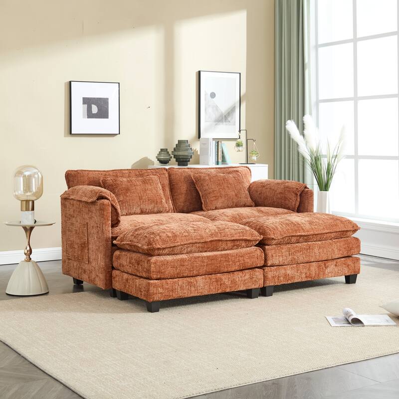 Chenille Sleeper Sofa Bed Deep Seat Loveseat Sectional Couch with Ottomans Chaise Lounge, Detachable Armrests and Side Pockets