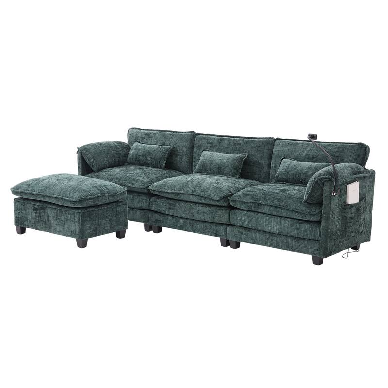 Modern Chenille Chaise Couch L-shaped Sectional Sofa with Storage Ottoman, Phone Holder, USB/Type-C Ports and Side Pockets