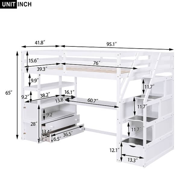 dimension image slide 1 of 2, Wood Loft Bed Twin Size Full Size with Desk and Shelves Two Built-in Drawers Storage Staircase