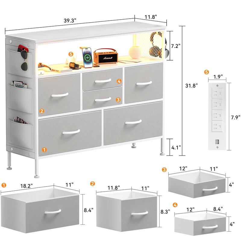 Dresser for Bedroom TV Stand with Power Outlets and LED Light, 6 Dresser with Shelves for 45" TV, PU Finish