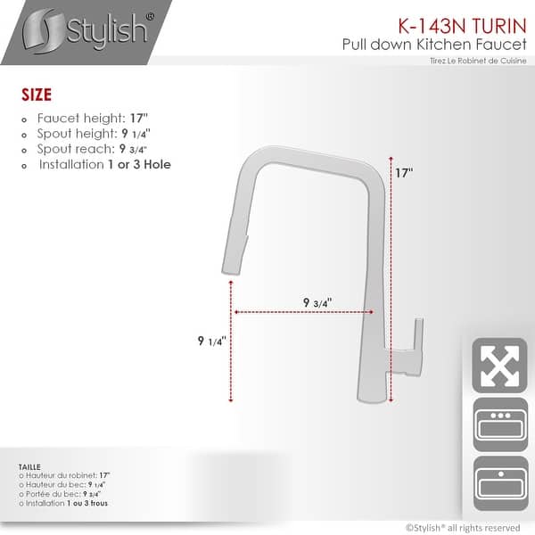 dimension image slide 0 of 2, STYLISH Kitchen Sink Faucet Single Handle Pull Down Dual Mode Lead Free - Faucet Height: 17" | Spout Height: 9 1/2"