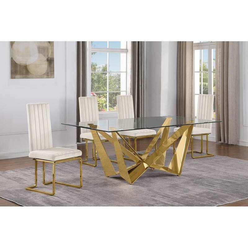Best Quality Furniture D400/1-SC340-7 Dining Set with 78" 12mm Glass with Bevel - 5-Piece - Cream / Gold