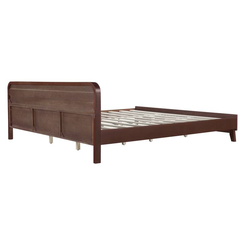 Rustic Pine Wood Bed Frame Low-Profile Platform Bed with Panel Headboard Solid Wood Slat Support and Extra Wide Thickened Legs