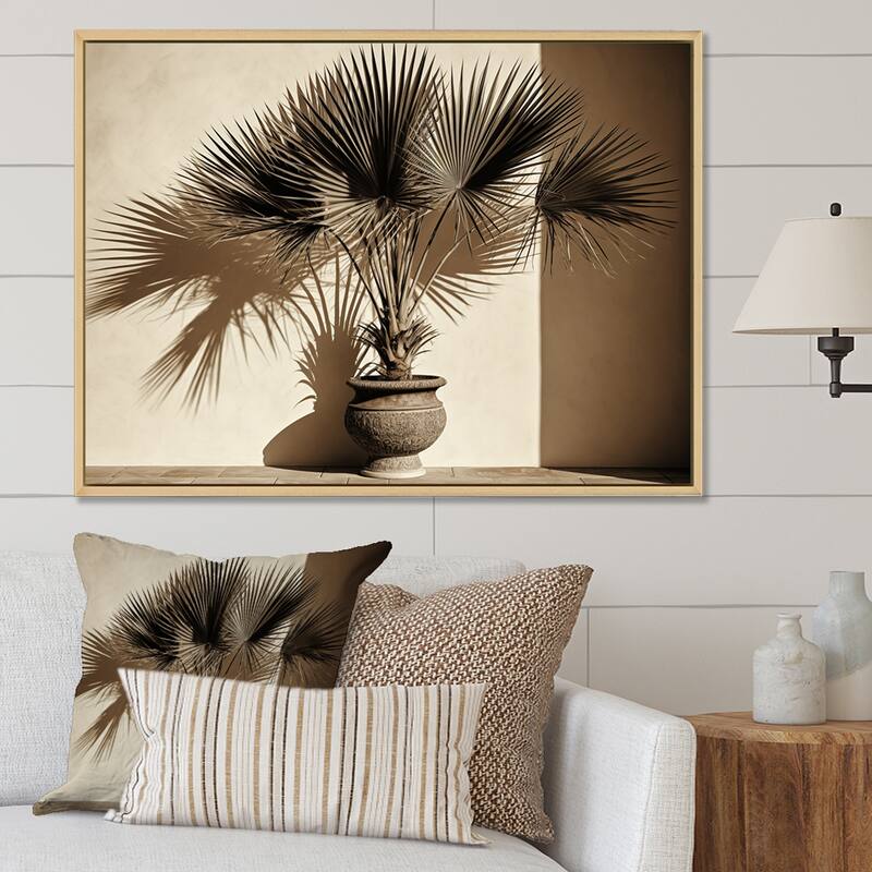 Designart "Beige Palms Palm Trees Bouquet Still Life " Palms & Palm Trees Framed Wall Decor - 32 in. wide x 24 in. high - Maple