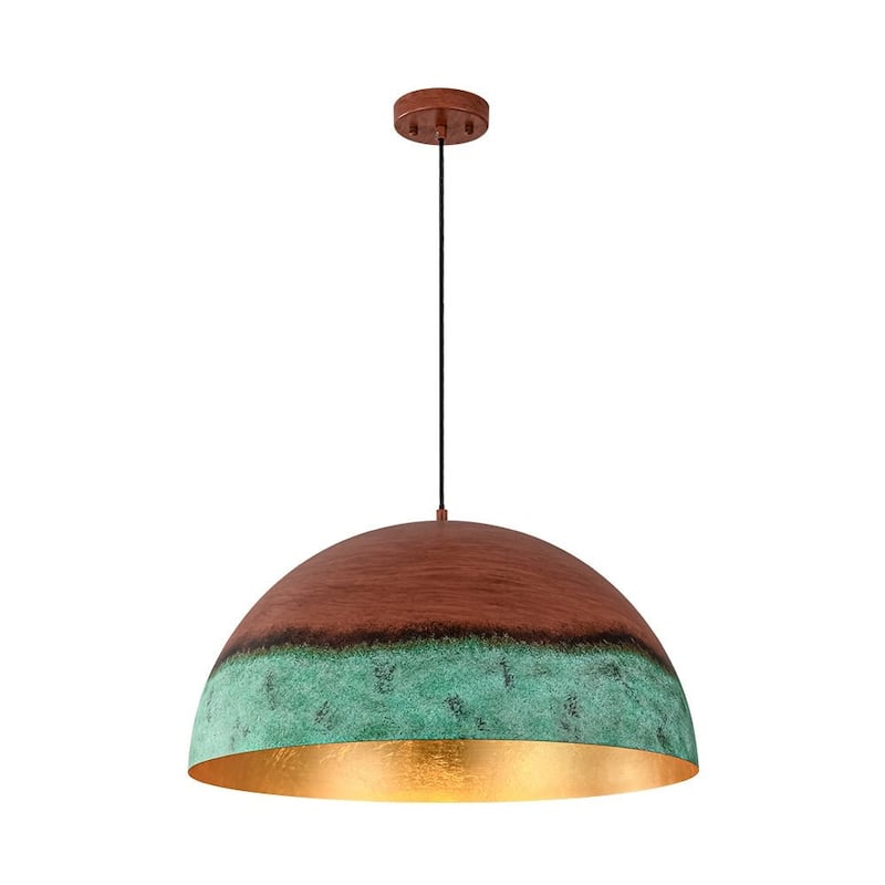 Weathered Copper Metal Oversized Dome Pendant Green Patina Accent