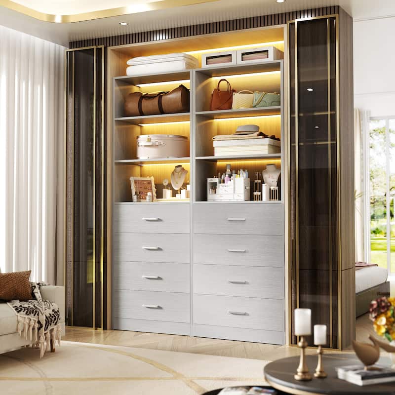 Freestanding Closet Organizer with 4 Drawers and 4 Shelves, Wooden Closet System for Walk-in Closet - Grey - 2pcs