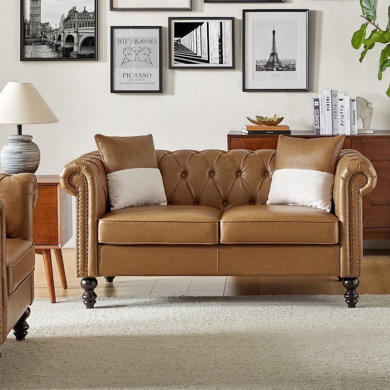 Faustina Traditional 62.2" Wide Leather Sofa with Solid Wood Legs by HULALA HOME