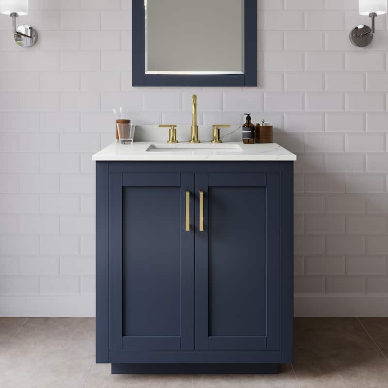 Wyndham Collection WCF292930S-QTZ-US3MXX Miranda 30" Free Standing - Dark Blue / Giotto Quartz Top / Brushed Gold