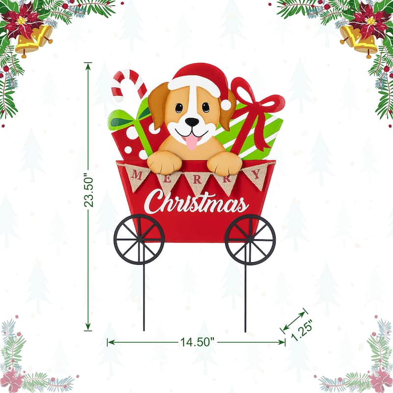 Glitzhome 24"H Metal Christmas Dog and Gift Cart Yard Stake Wall Decor - Multi