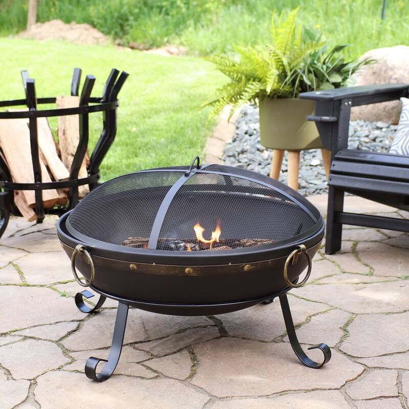 Sunnydaze Victorian Steel Fire Bowl with Handles and Spark Screen