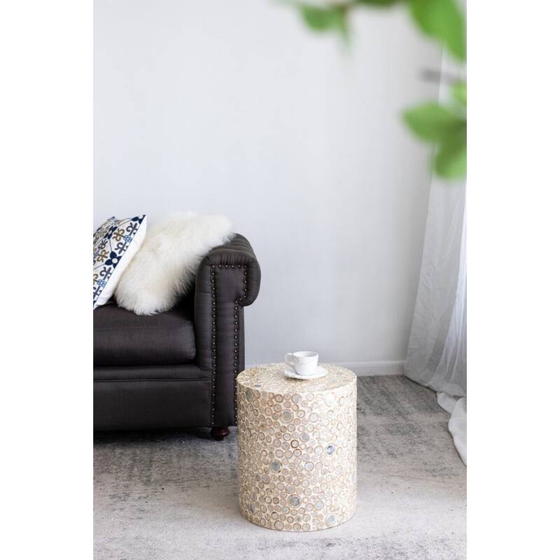 Abstract Dotted Cylindrical Capiz Stool - 15.75" - White and Gold