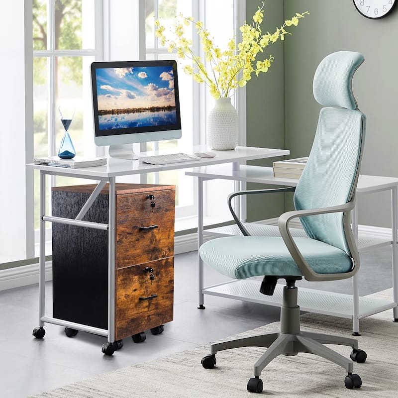 Brown and Black 2-Drawer Rolling Wood File Cabinet with Lockable Wheels for Office Storage