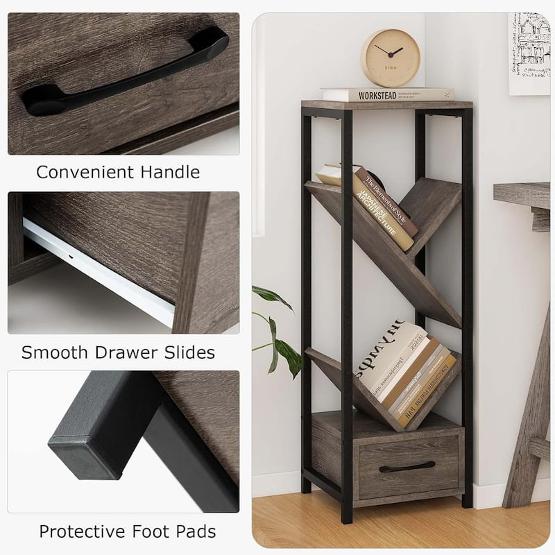 4-Tier Floor Standing Bookcase Wood Tree Bookshelf w/ Drawer