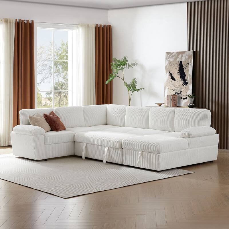 Modular Corduroy Upholstered Convertible Sectional Sofa with Storage