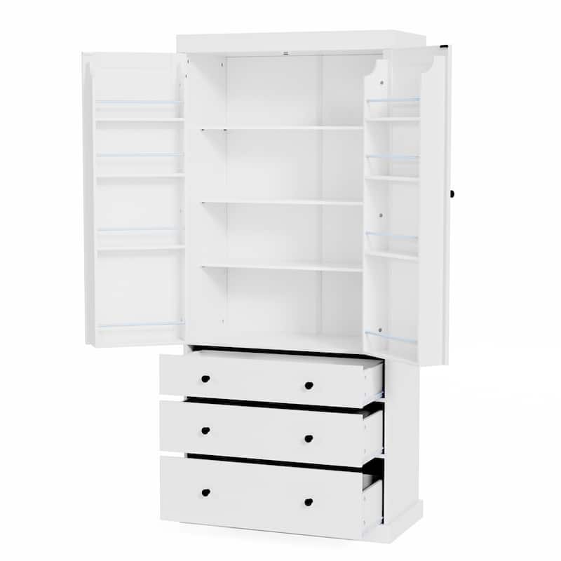 Freestanding Tall Cupboard Storage Cabinet w/ 8 Door Shelves, 3 Drawer