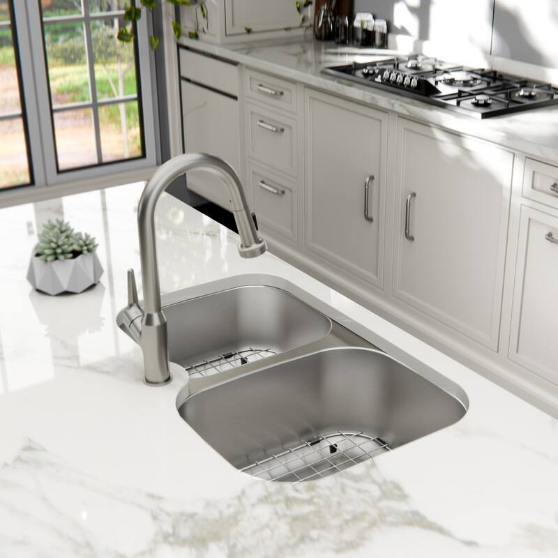 Karran Profile 31" Undermount 18 Gauge Double Offset Bowl Stainless Steel Kitchen Sink with Accessories
