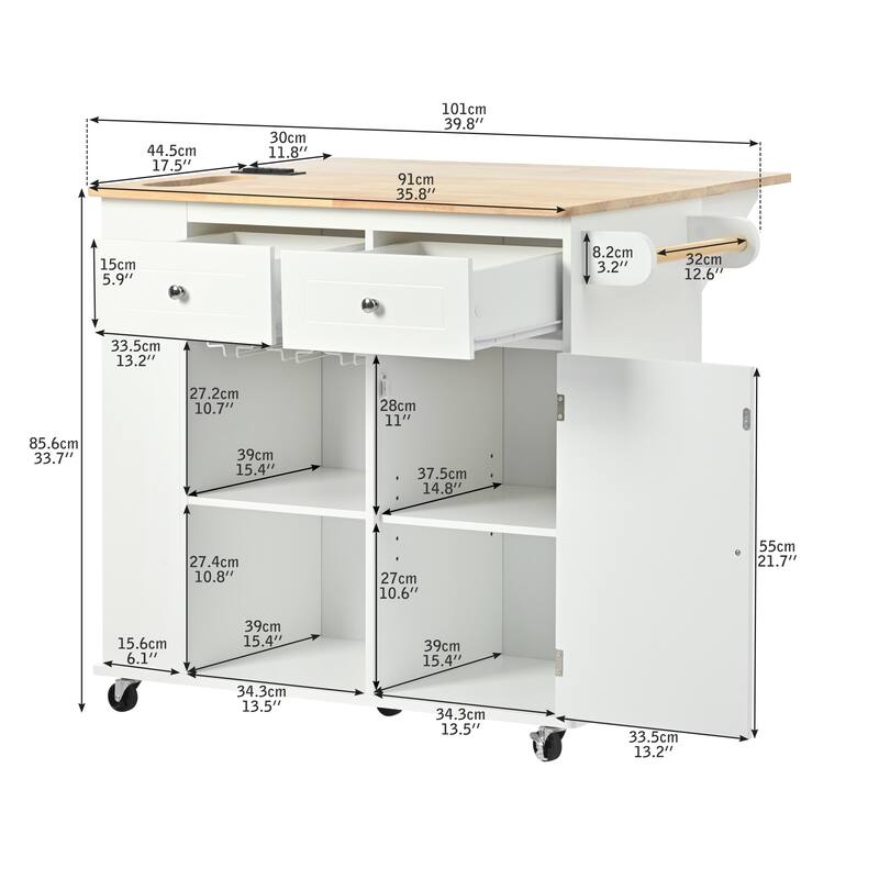 Kitchen Storage Island with Power Outlet and Adjustable Storage, Wooden Spice Cabinet with Drop Leaf, Rubber Wood and Wine Rack