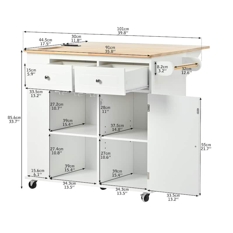 Open Rolling Kitchen Island on Wheels with Drop Leaf and Power Outlet