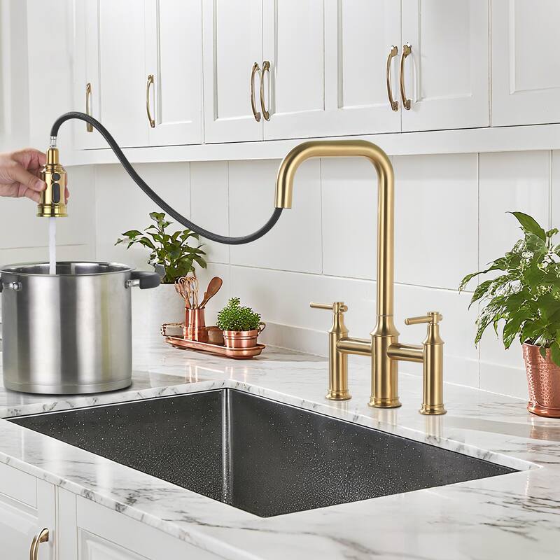 WOWOW Double Handle Bridge Kitchen Faucet with Advanced Spray