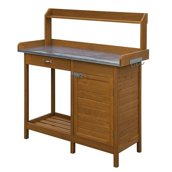 Outdoor Home Garden Potting Bench with Metal Table Top and Storage