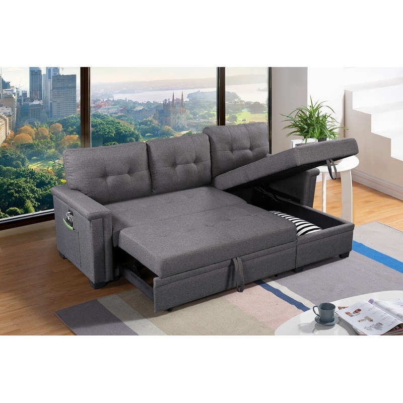Reversible Sleeper Sectional Sofa with Storage Chaise and Pocket - Dark Gray