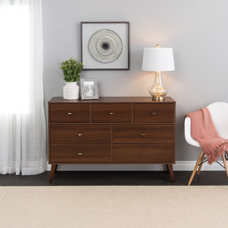 Prepac Milo Mid-Century Modern 7 Drawer Double Dresser for Bedroom, Chest of Drawers, Contemporary Bedroom Furniture