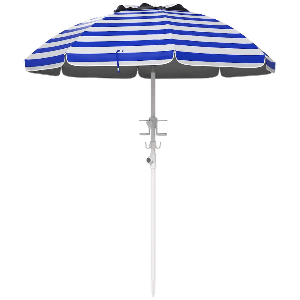 5.7' Portable Beach Umbrella with Tilt, Adjustable Height, UV 40+ Protection, Vented Canopy & Cup Holders - Blue White Stripe