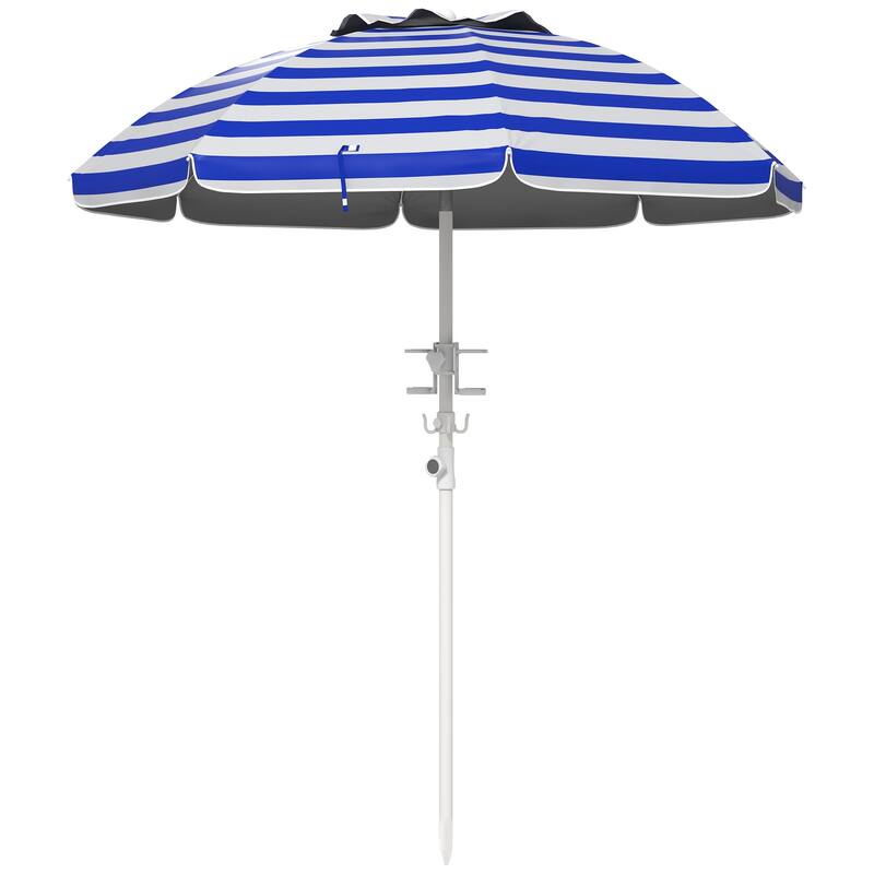 5.7' Portable Beach Umbrella with Tilt, Adjustable Height, UV 40+ Protection, Vented Canopy & Cup Holders - Blue White Stripe - Brown