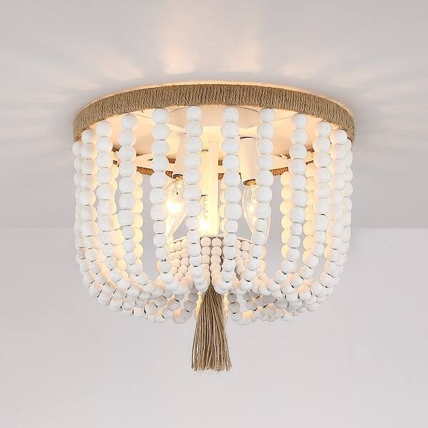 slide 2 of 14, 3-Light Bohemia Antique White Wood Beaded Flush Mount Ceiling Light with Brown Rope Tassel - 12.6 in. W 12.6 in. W