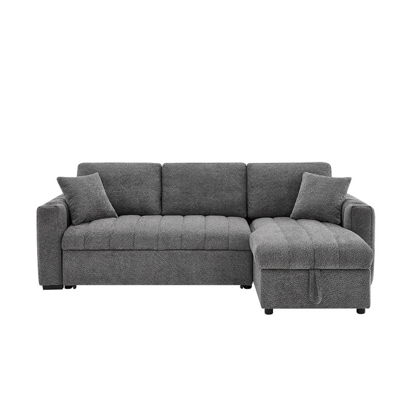 Seraphina 101"W Gray Chenille Fabric Reversible Sleeper Sectional Sofa w/Storage Chaise, Cupholders, USB Port, Throw Pillows