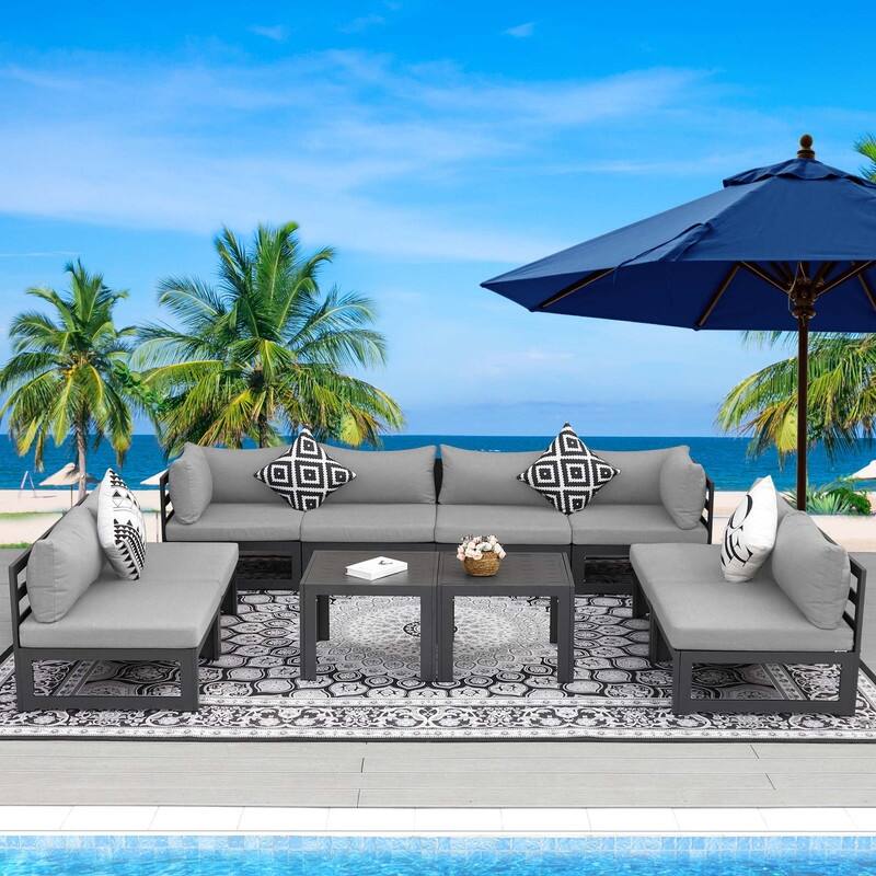 FINCATI Aluminum Outdoor Patio Furniture Conversation Sectional Sofa Set - 10 Pieces/Sectional - Light Grey
