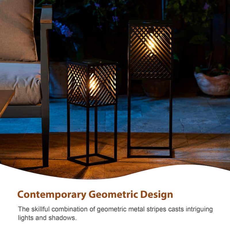 Glitzhome Set of 2 Outdoor Geometric Black Metal Solar Standing Lanterns with Bulb