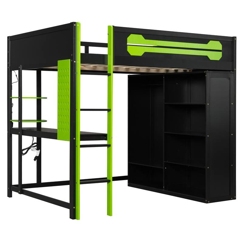 Roomfitters Full Gaming Loft Bed with Desk, Open Wardrobe, RGB LED and USB Ports, Space Saving Sleeper