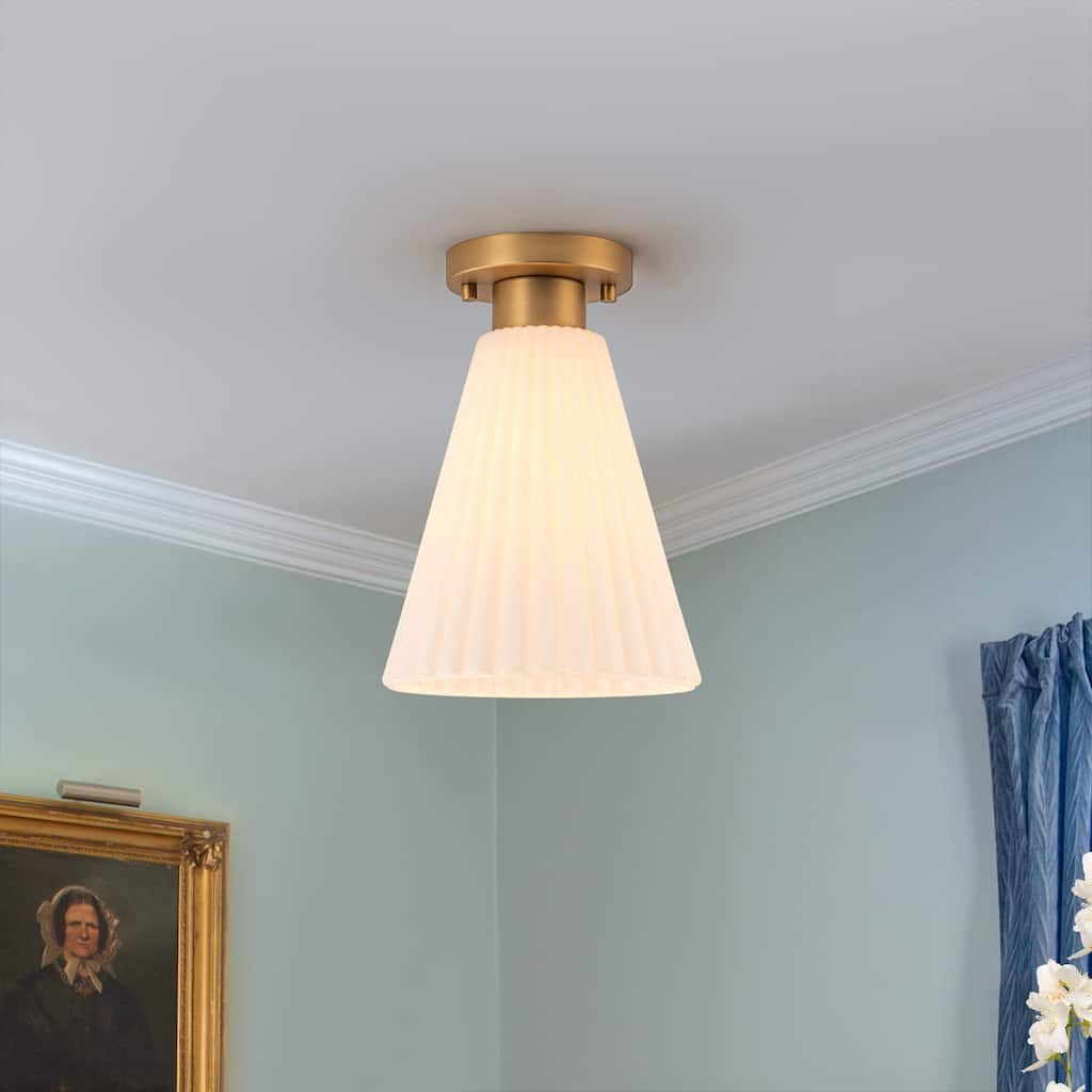 Vintage 1-Light Glass Cone Flush Mount Ceiling Light - Brass