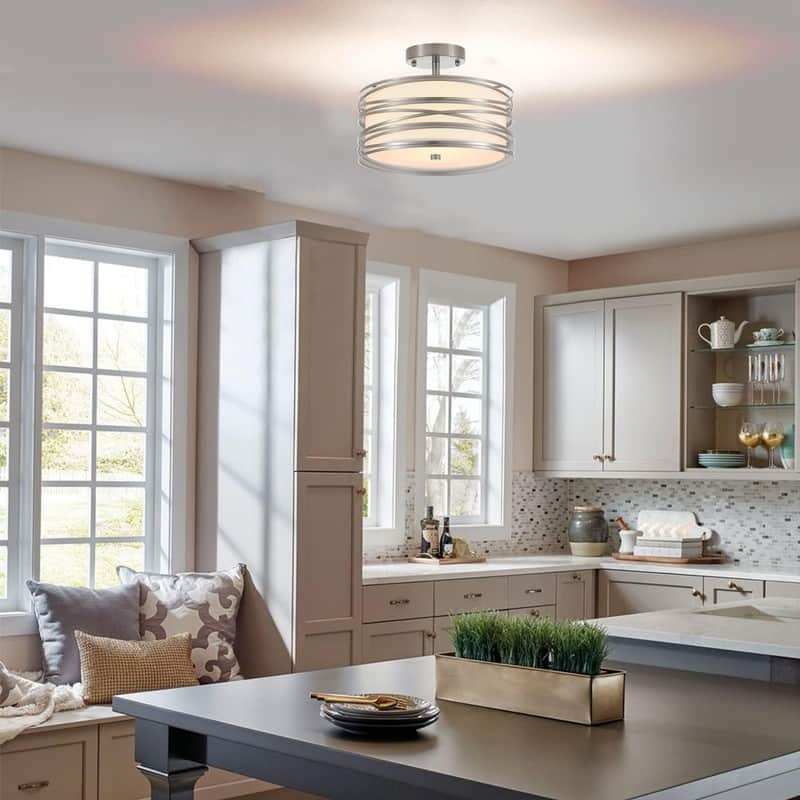 2 Light mount flush light silver bedroom ceiling light linen, metal light fixture - N/A