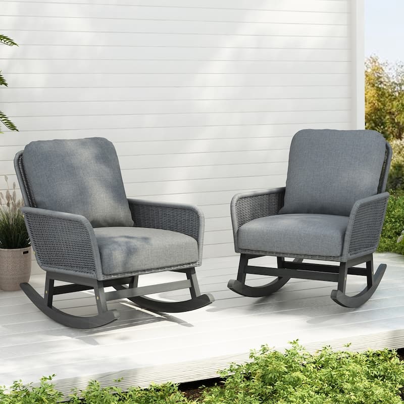 [Set of 2] Contemporary Minimalist Beige Wicker Rocking Chair - Grey