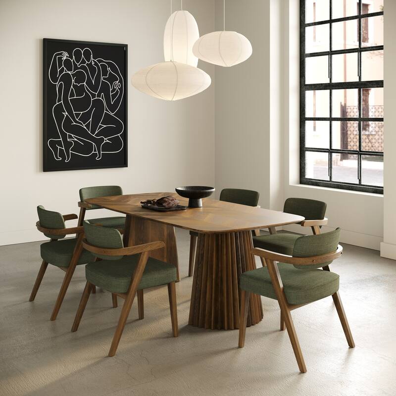 Modrest Sacks Mid-Century Modern Green Fabric & Herringbone Walnut Dining Set