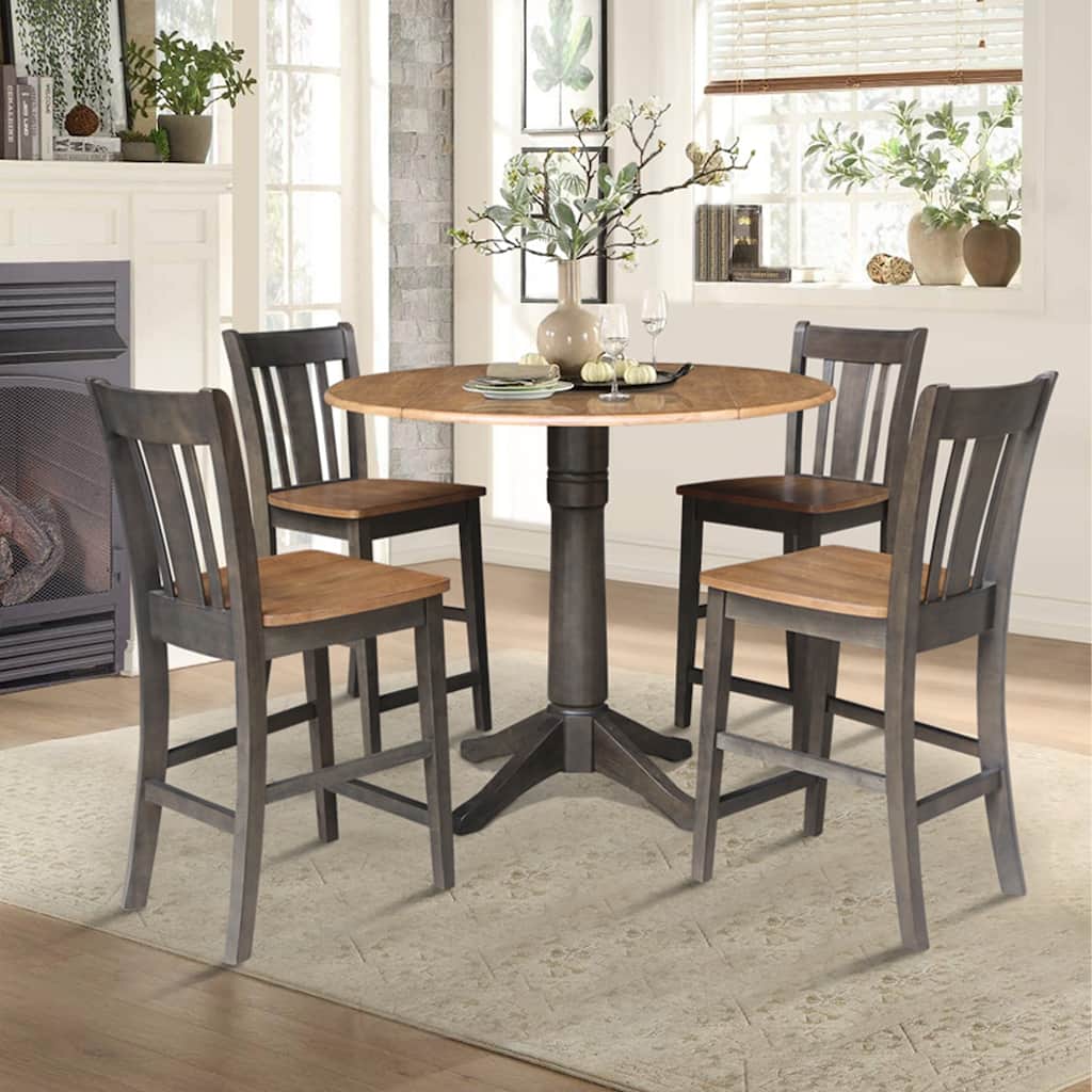 42 in. Round Dual Drop Leaf Counter Height Dining Table with 4 Splatback Stools in Hickory/Washed Coal