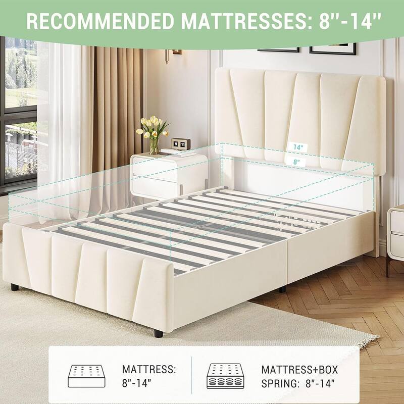 Twin Bed Frame with Headboard Adjustable and 2 Storage Drawers, No Box Spring Needed