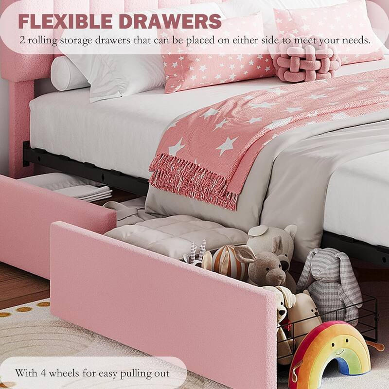 Bed Frame with 2 Drawers, Boucle Upholstered