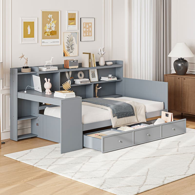 Twin Size Daybed with USB Ports and Desk, Wooden Sofa Bed Frame with 3 Storage Drawers & Shelves Headboard, No Box Spring Needed