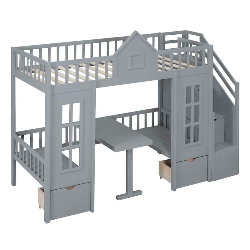 Full Size Wooden Loft Bunk Bed with Table, Seats, and Storage Shelves