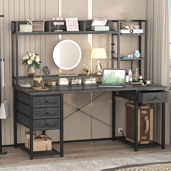 slide 2 of 7, Gaming Desk with Hutch and Drawers, Office Computer Desk with Charge Station and LED Light 55'' - Grey Oak