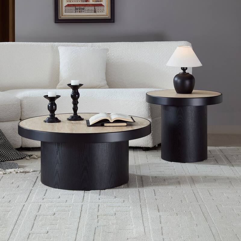 Nesting Round Coffee Table Set with Sintered Stone Tabletop, Modern Living Room Center Table