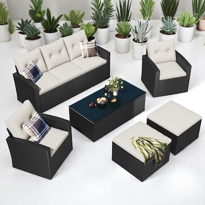 6-Piece Outdoor Patio Furniture Set, PE Wicker Sectional Sofa with Chair,Ottoman, and Glass Coffee Table,Rattan Conversation Set