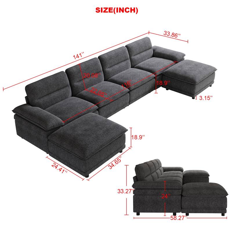 141'' Wide U-shaped 6-seat Sleeper Sofa, Dark Grey, Solid Wood