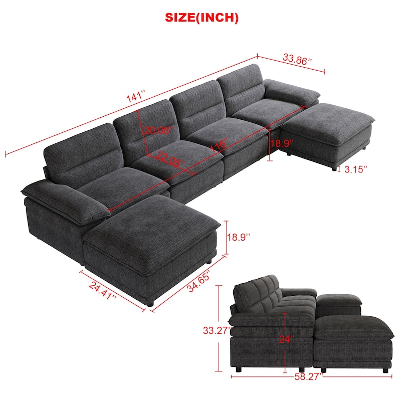 Modern U-Shaped Modular Sectional Sofa 6-Seater Sleeper Sofa Couch with Chaise and Ottoman for Living Room