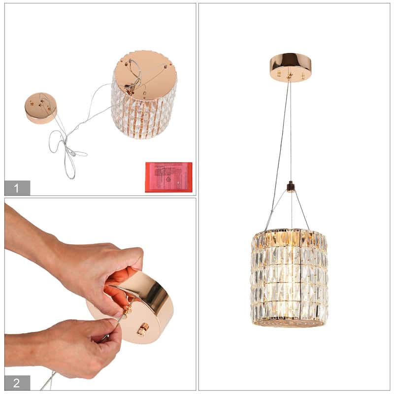 Modern Glam LED 1-Light Crystal Drum Island Pendant Rose Gold Island Lights for Dining Room - D9.1" x H75.9" Max